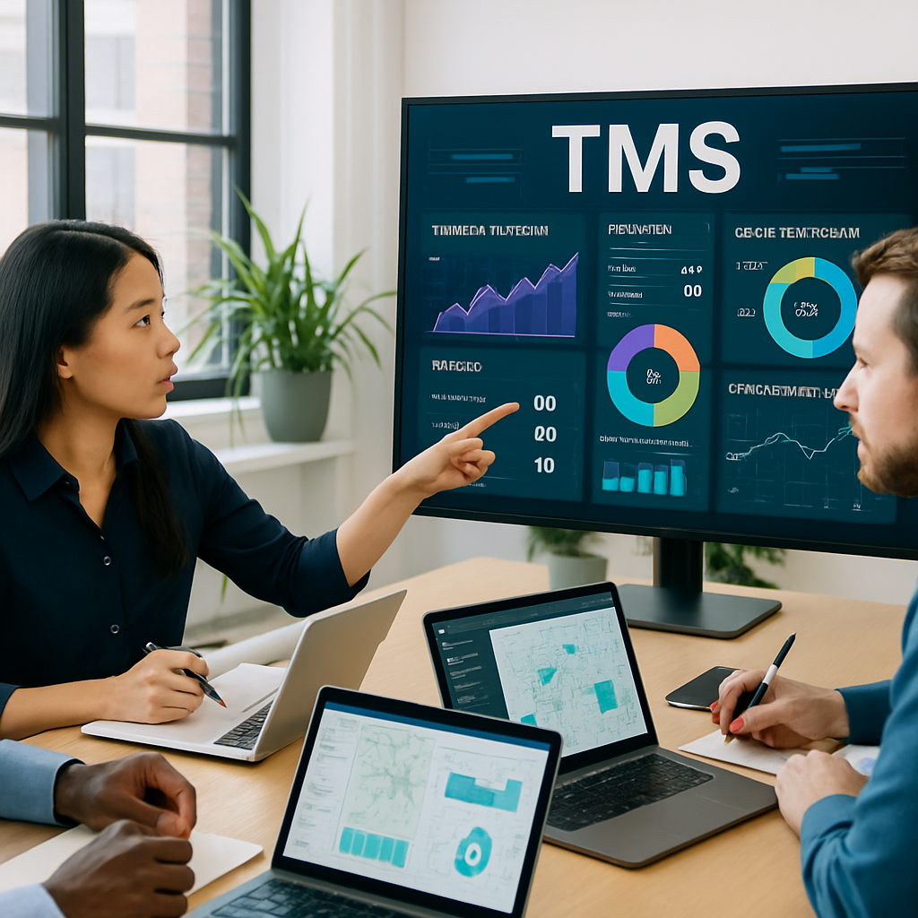The image depicts a sleek modern workspace filled with advanced digital tools and displays that illustrate transport management systems TMS A large mo-1